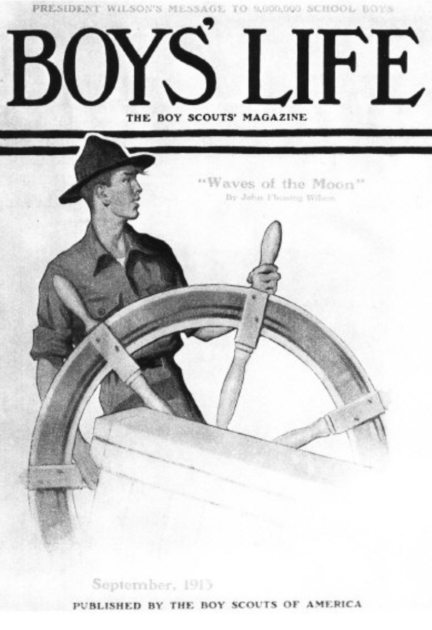 Scout at Ship's Wheel by Norman Rockwell, his first published magazine cover illustration, from the September 1913 cover of Boys' Life magazine for the Boy Scouts of America